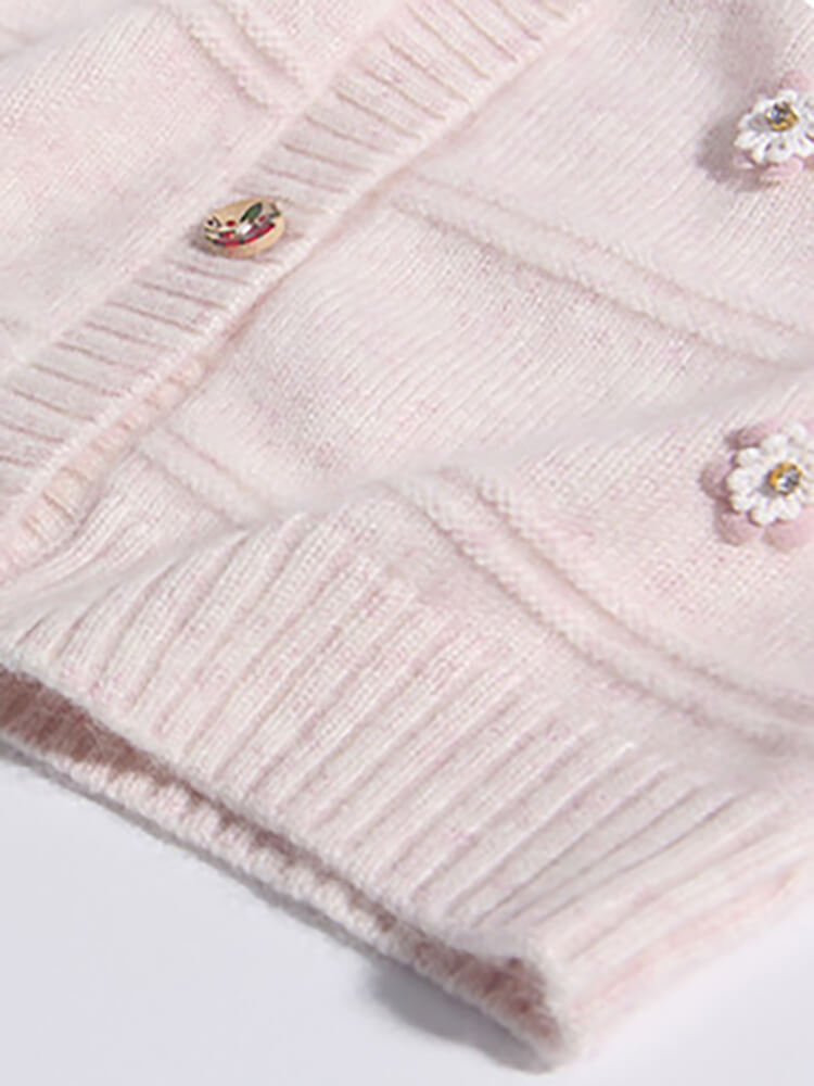 Blush Pink Flower Embroidered Girl Cashmere Button-Down Cardigan